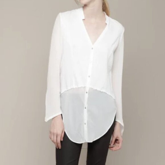 Helmut Lang | Element Sheer Hem Silk Button Front Shirt Combo Top White Size M - Picture 2 of 16